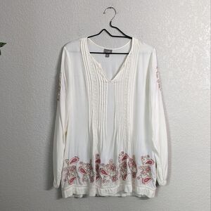 J.Jill White Ivory Long Sleeve Top Blouse Paisley Embroidery Lightweight Flowy M